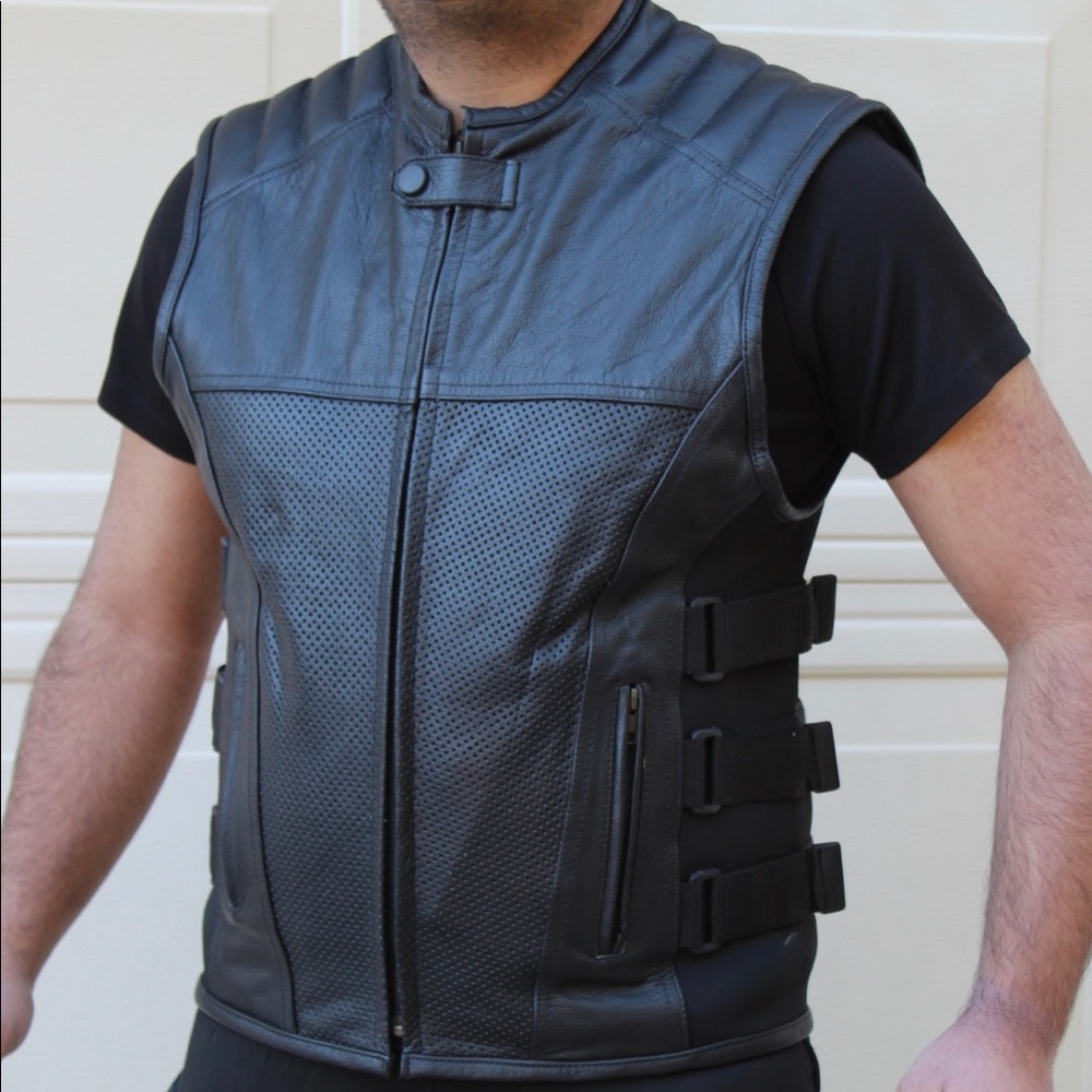 Men Motorcycle Perforated Tactical Style Swat Concealed Carry Leather Vest